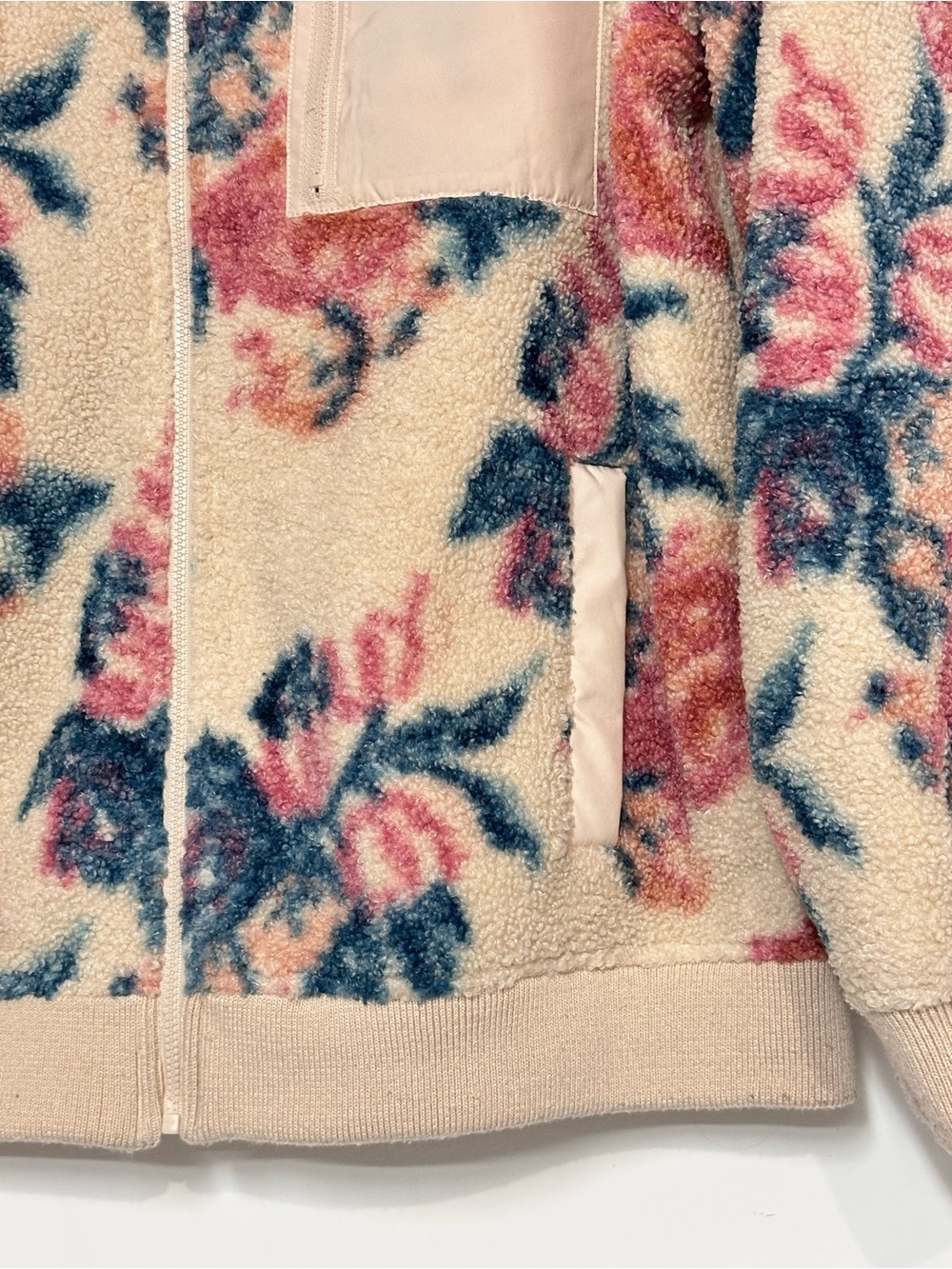 American Eagle Floral Sherpa Fleece Zip Jacket Medium Cozy Teddy Coat Oversized - Picture 4 of 6